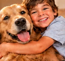 Menino abraçando seu cachorro