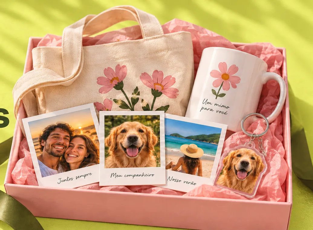 Caixa rosa com ecobag, caneca, polaroids e chaveiro personalizados