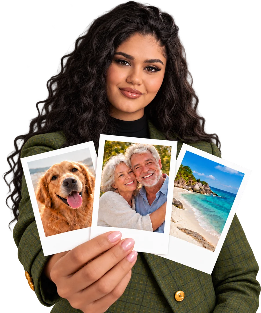 Mulher sorrindo e segurando três polaroids personalizadas